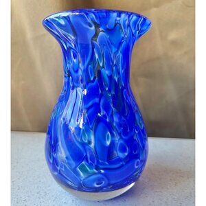 Bohemia Czech Republic Vase Blue & Green Swirl Blown Glass  6” READ Gift Art